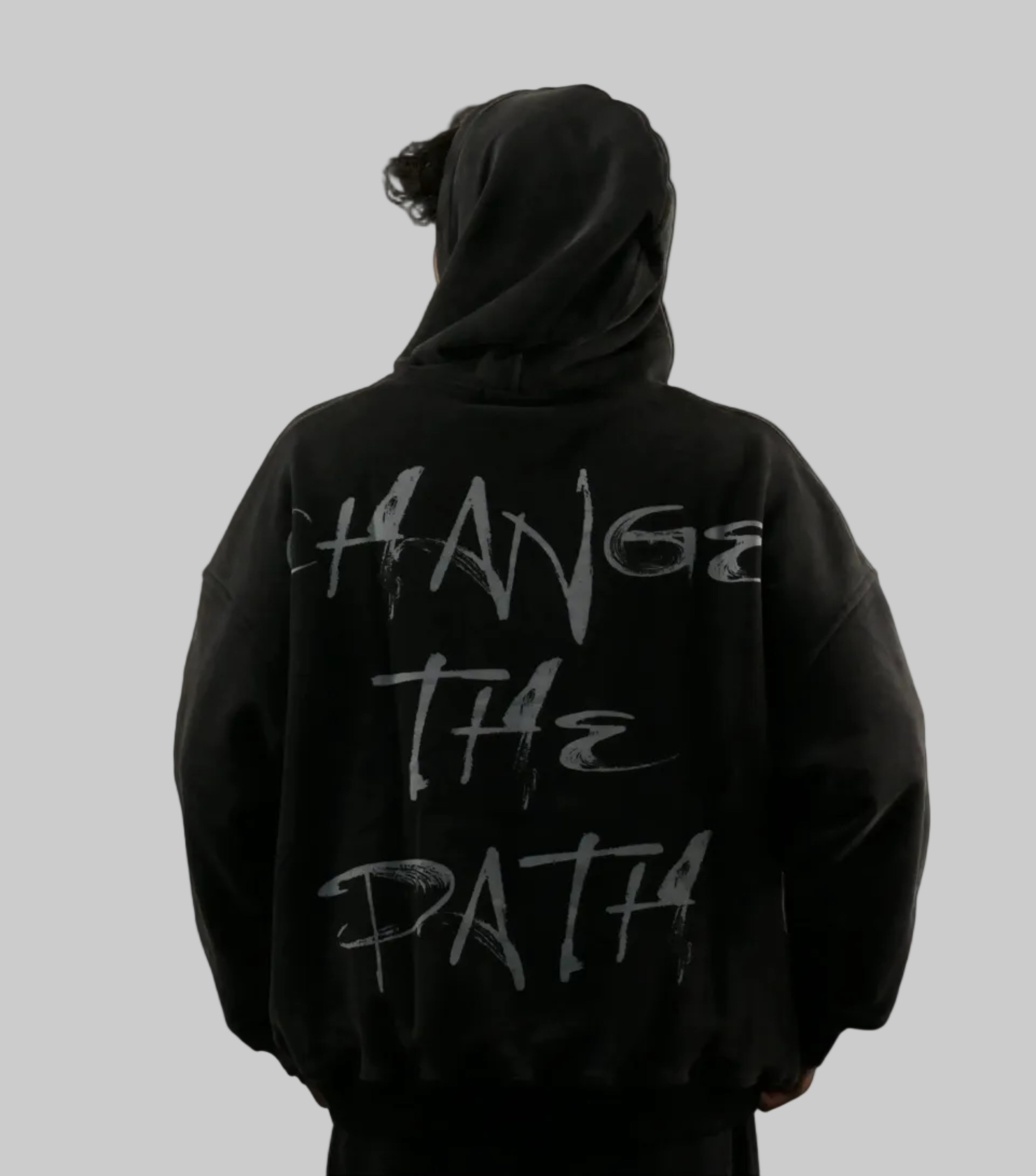 Black hoodie with white text on a plain background